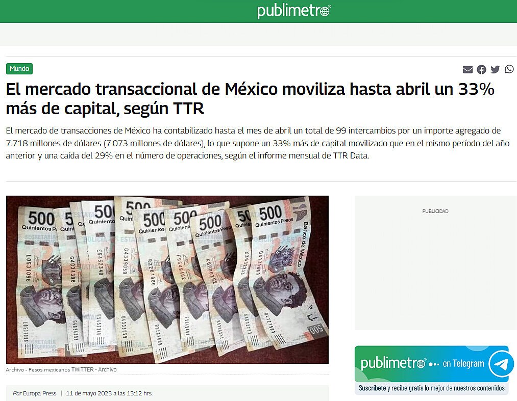 El mercado transaccional de Mxico moviliza hasta abril un 33% ms de capital, segn TTR
